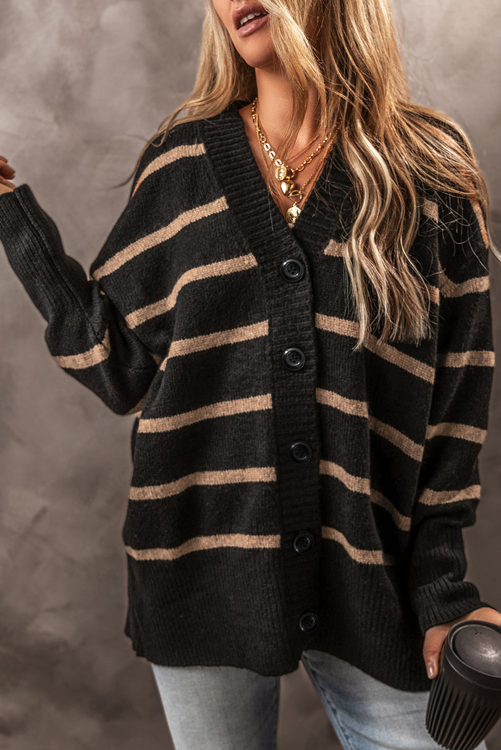 Black Stripe Buttoned V Neck Drop Shoulder Loose Cardigan-Chaelisa's New Jammies