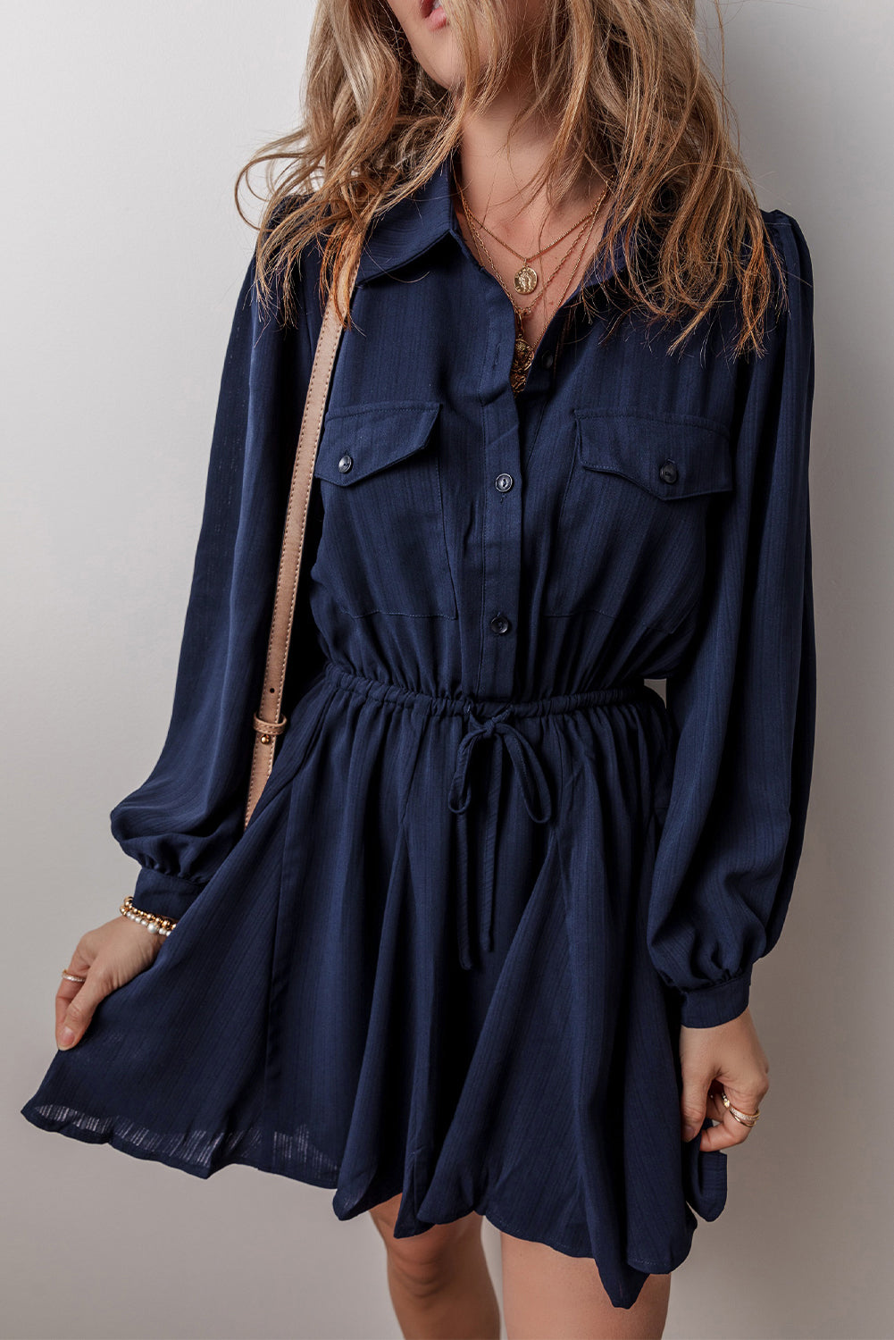 Navy Blue Solid Chest Pockets Tunic Shirt Mini Dress-Chaelisa's New Jammies