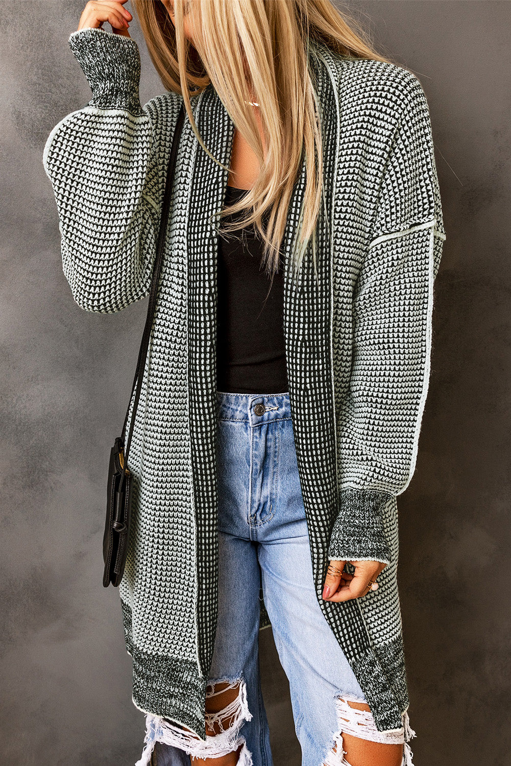 Gray Plaid Knitted Long Open Front Cardigan-Chaelisa's New Jammies