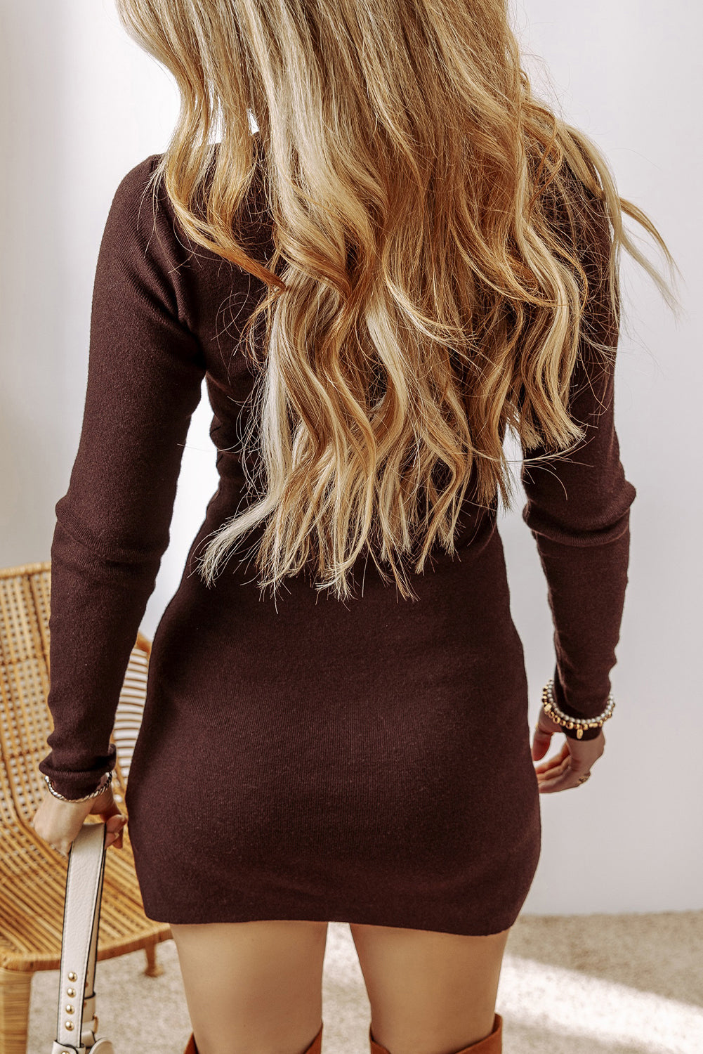 Coffee Slim Fit Mock Neck Side Slit Sweater Dress-Chaelisa's New Jammies