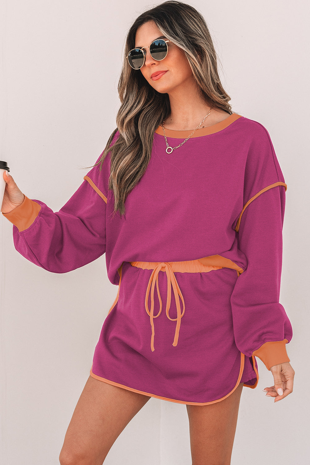 Rose Red Color Contrast Loose Pullover and Lace-up Waist Skort Set-Chaelisa's New Jammies