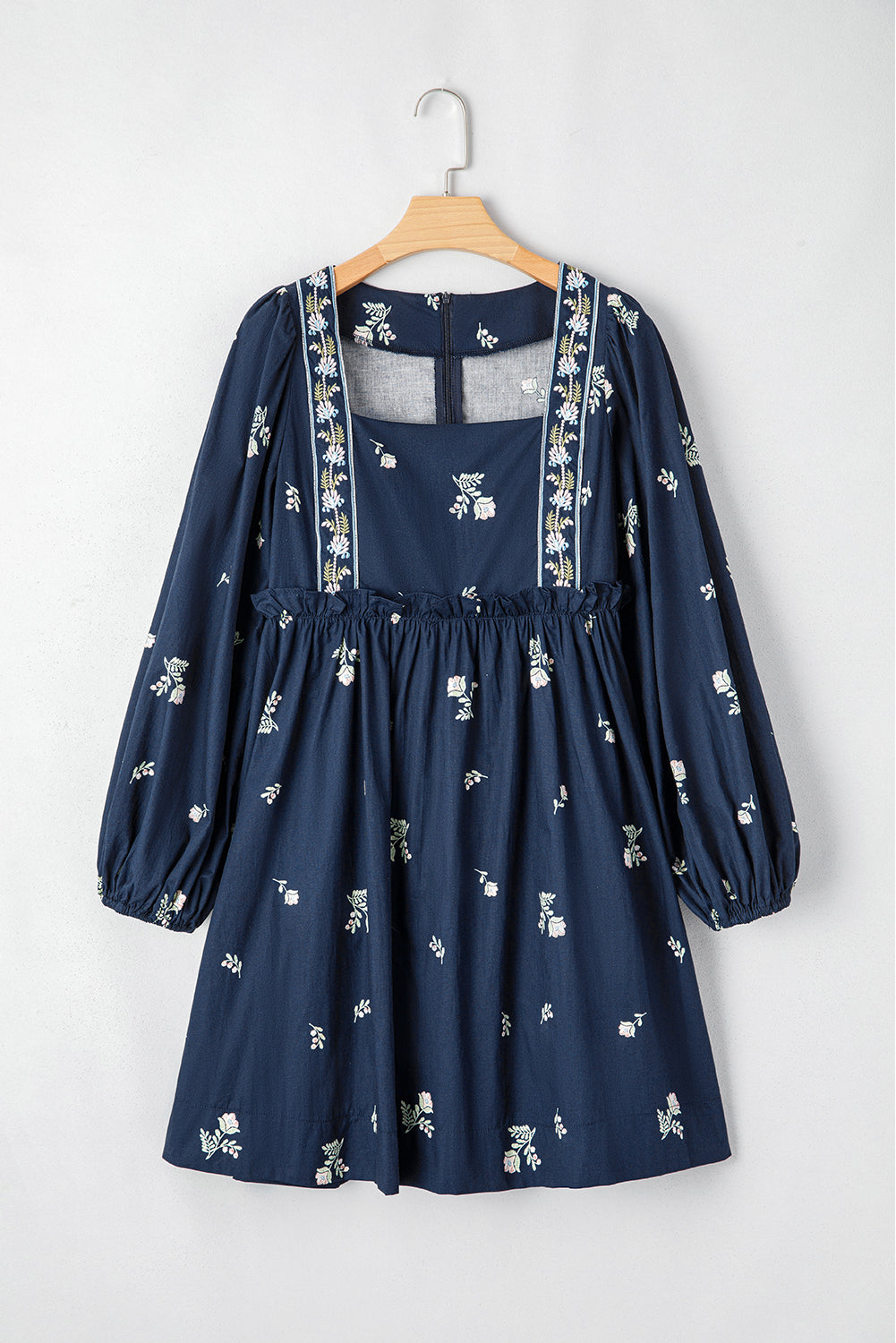 Blue Floral Embroidered Square Neck Puff Sleeve Ruffled Mini Dress-Chaelisa's New Jammies