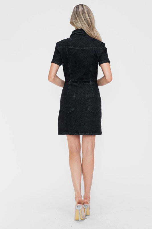 bytos Full Size Embellished Button Down Short Sleeve Denim Dress-Chaelisa's New Jammies