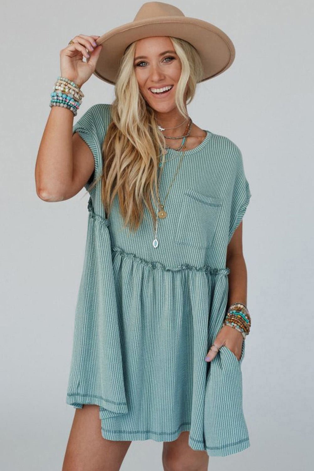 Canton Corded Knit Textured Patched Pocket Frilled Swing Mini Dress with Pockets - Chaelisa's New Jammies