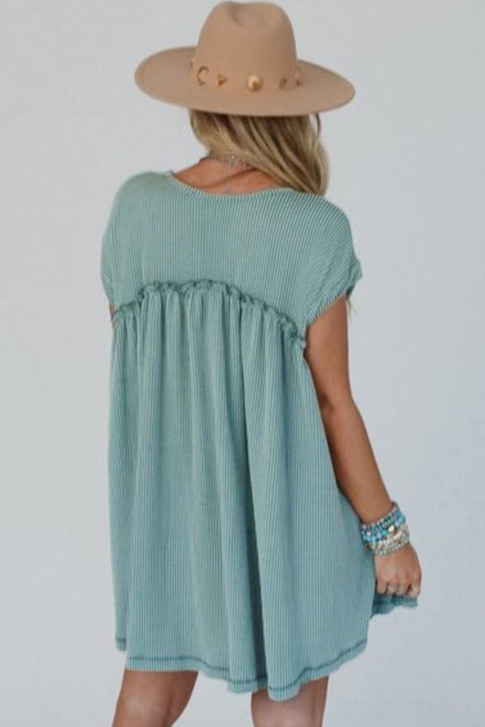 Canton Corded Knit Textured Patched Pocket Frilled Swing Mini Dress with Pockets - Chaelisa's New Jammies