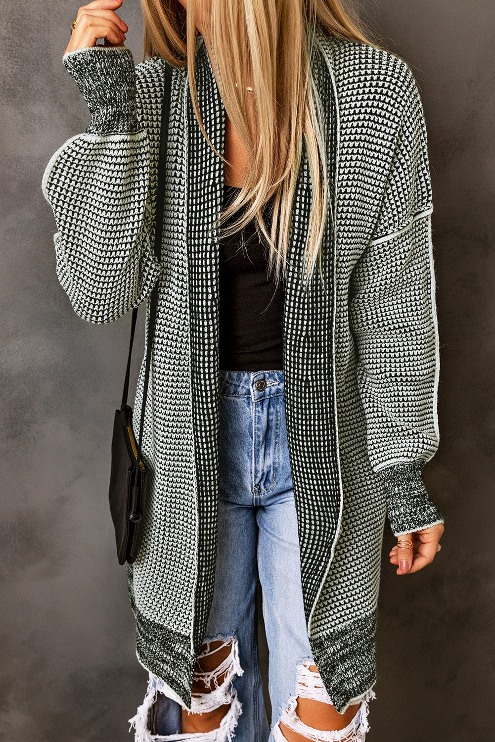 Gray Plaid Knitted Long Open Front Cardigan-Chaelisa's New Jammies