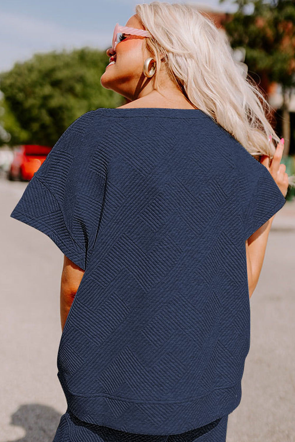 Navy Blue Textured Loose Fit T Shirt and Drawstring Pants Set-Chaelisa's New Jammies