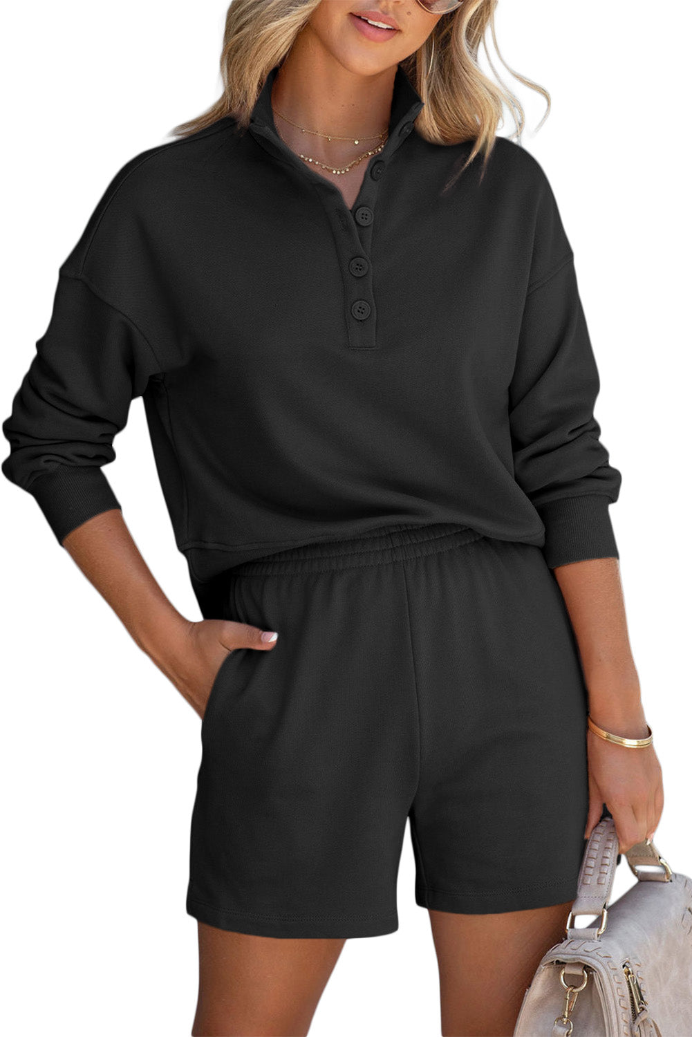 Black Casual High Neck Henley Top and Short Outfit-Chaelisa's New Jammies