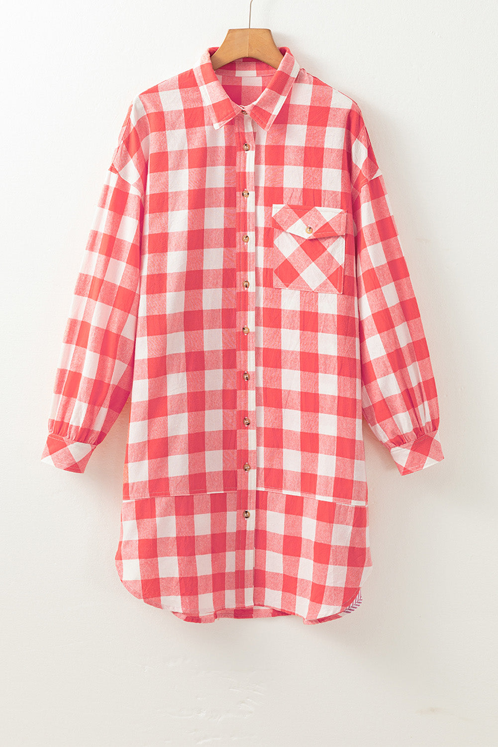 Pink Oversized Plaid Puff Sleeve Round Hem Shirt Dress-Chaelisa's New Jammies