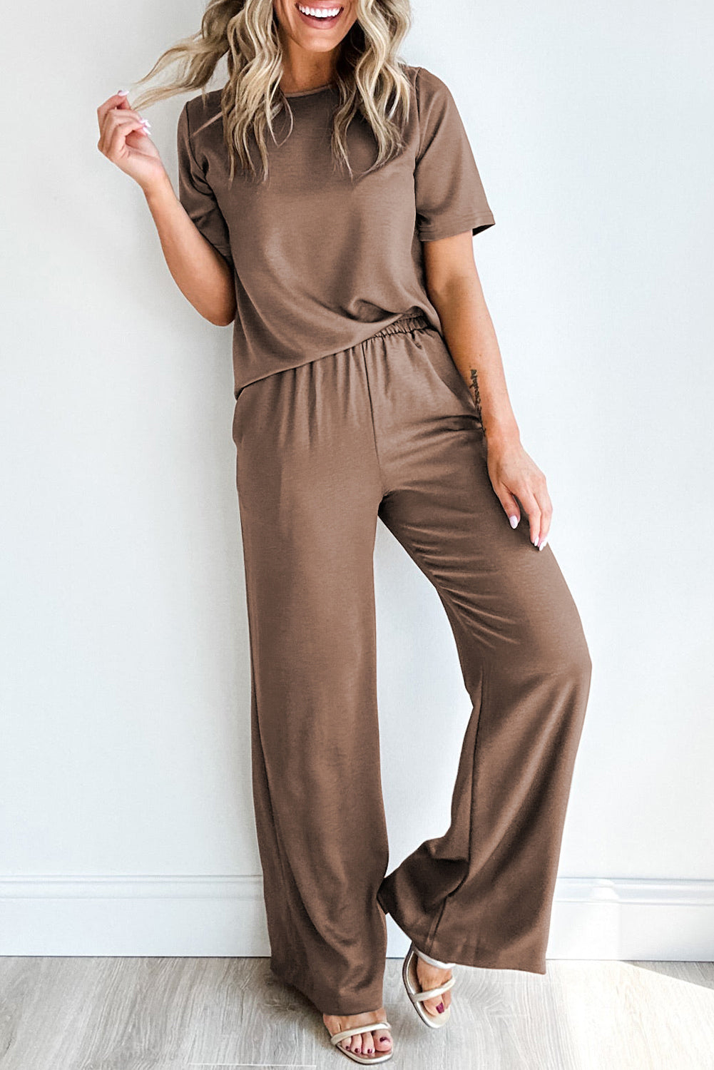 Smoke Gray Solid Color T Shirt 2pcs Wide Leg Pants Set-Chaelisa's New Jammies