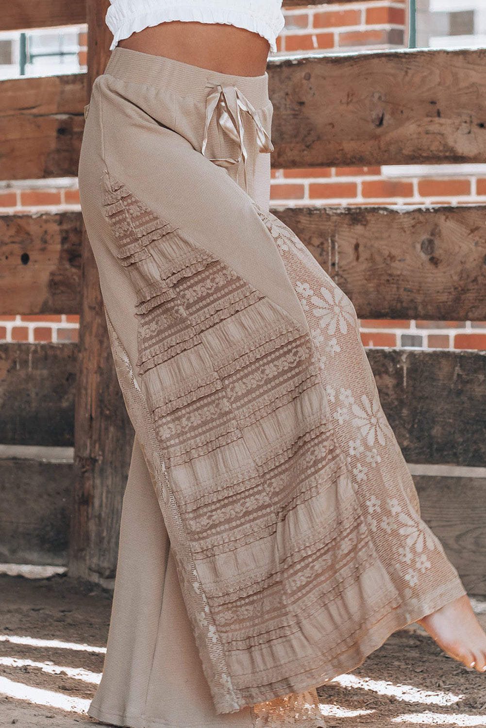 Smoke Gray Boho Lace Patchwork Wide Leg High Waist Pants-Chaelisa's New Jammies