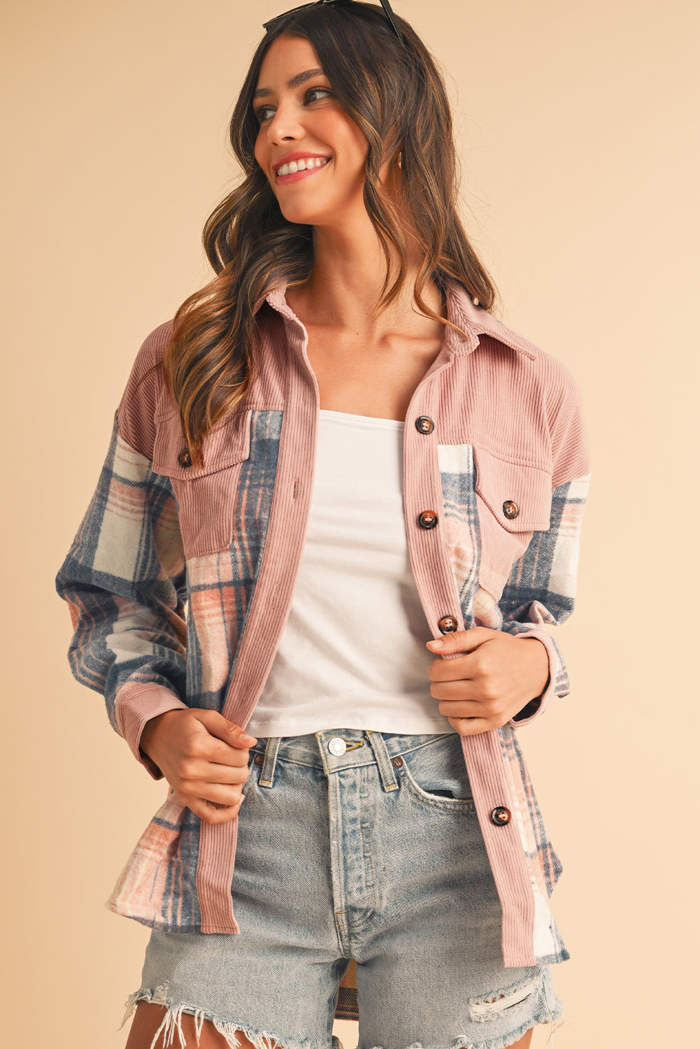 Light Pink Plaid Corduroy Patchwork Pocket Loose Shacket-Chaelisa's New Jammies