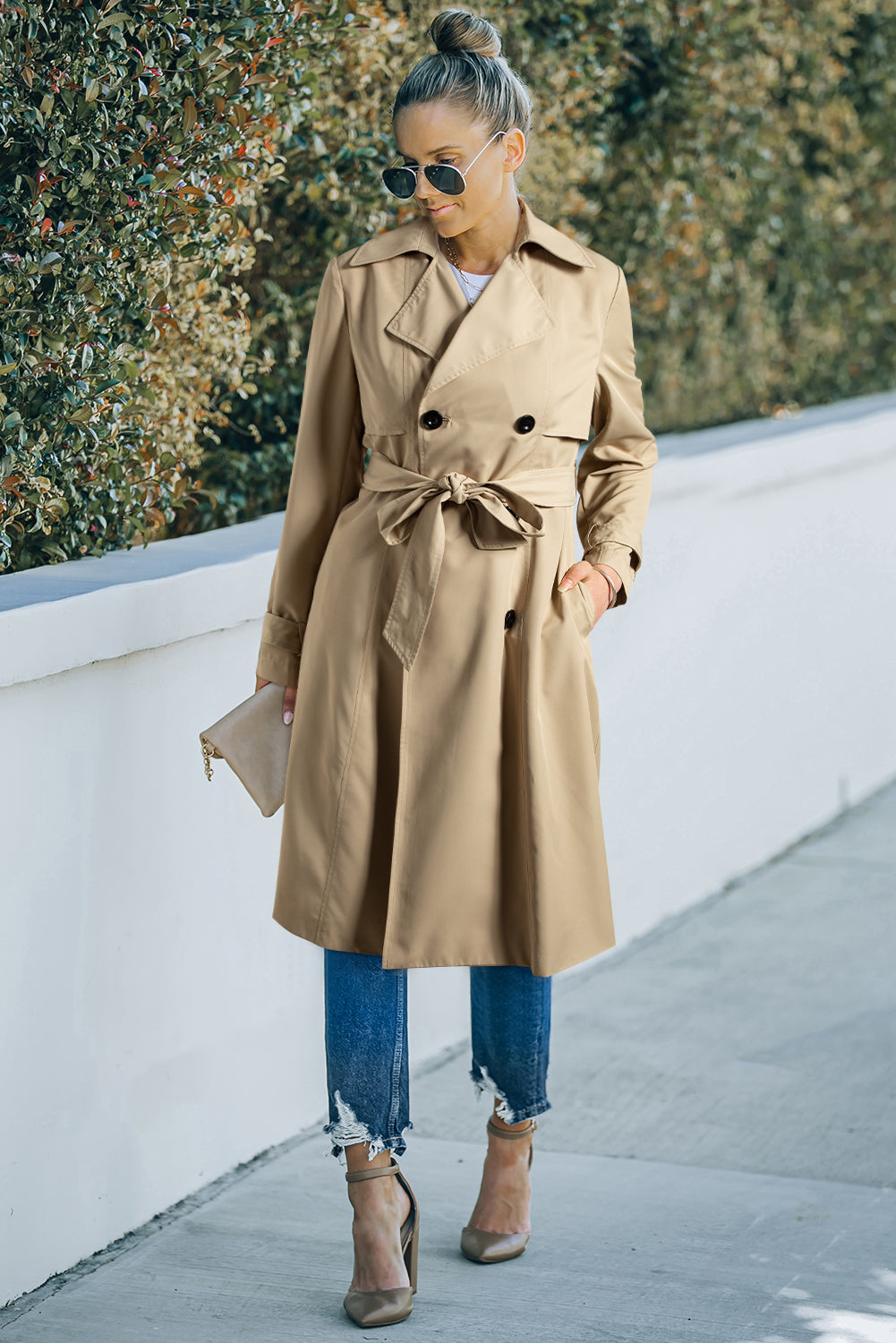 Pale Khaki Solid Color Lapel Collar Waist Tie Wind Coat-Chaelisa's New Jammies