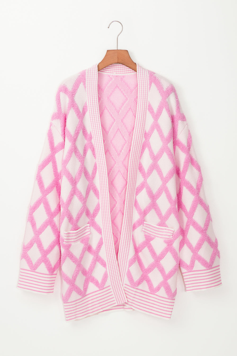 Pink Rhombus Pattern Knit Open Front Pocketed Cardigans-Chaelisa's New Jammies