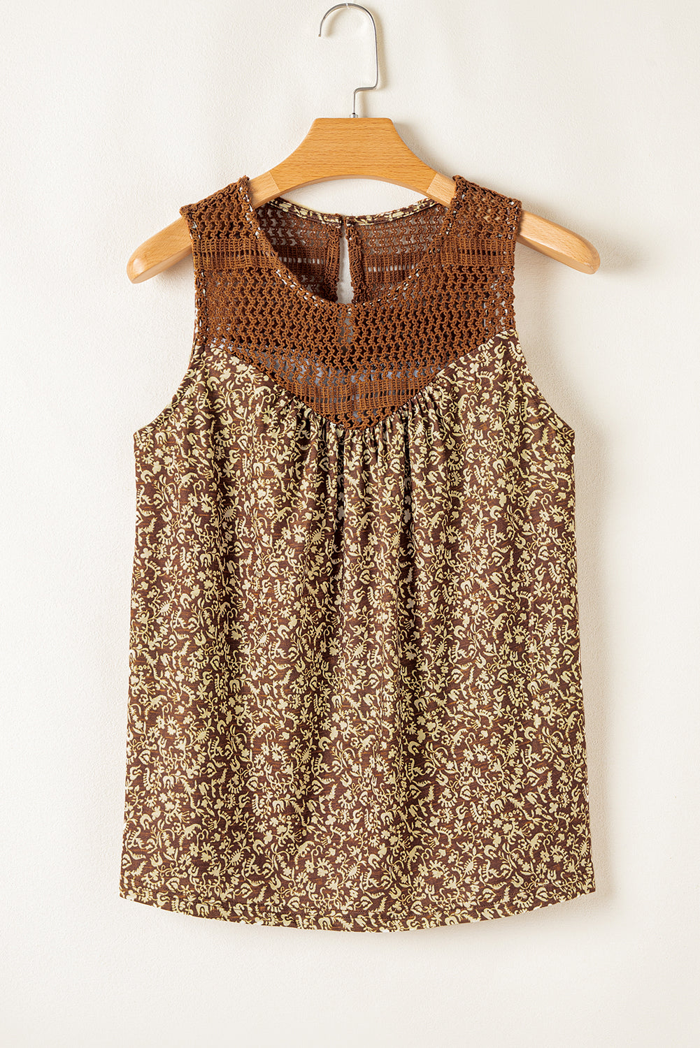 Brown Eyelet Knit Yoke Patchwork Printed Flowy Fit Tank Top-Chaelisa's New Jammies
