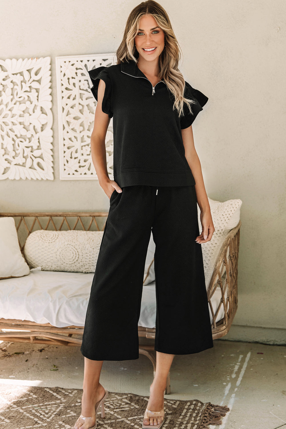 Black Textured Flutter Sleeve Top Wide Leg Pants Set-Chaelisa's New Jammies