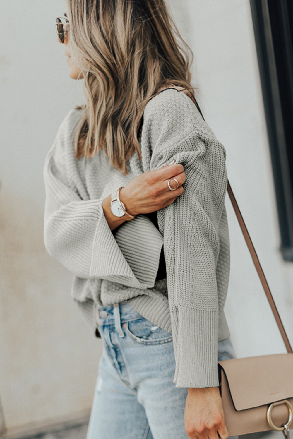 Parchment Solid Textured Knit Split Cuff Drop Shoulder Sweater-Chaelisa's New Jammies