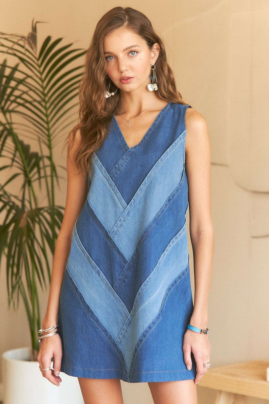 ADORA Chevron Color Block V-Neck Denim Dress-Chaelisa's New Jammies