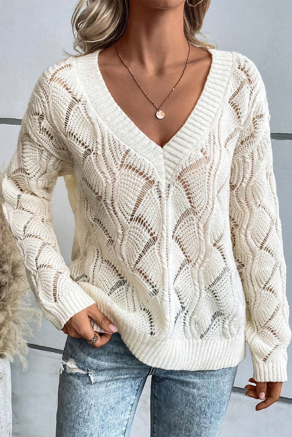 Beige Hollow Out Knit V Neck Drop Shoulder Sweater-Chaelisa's New Jammies