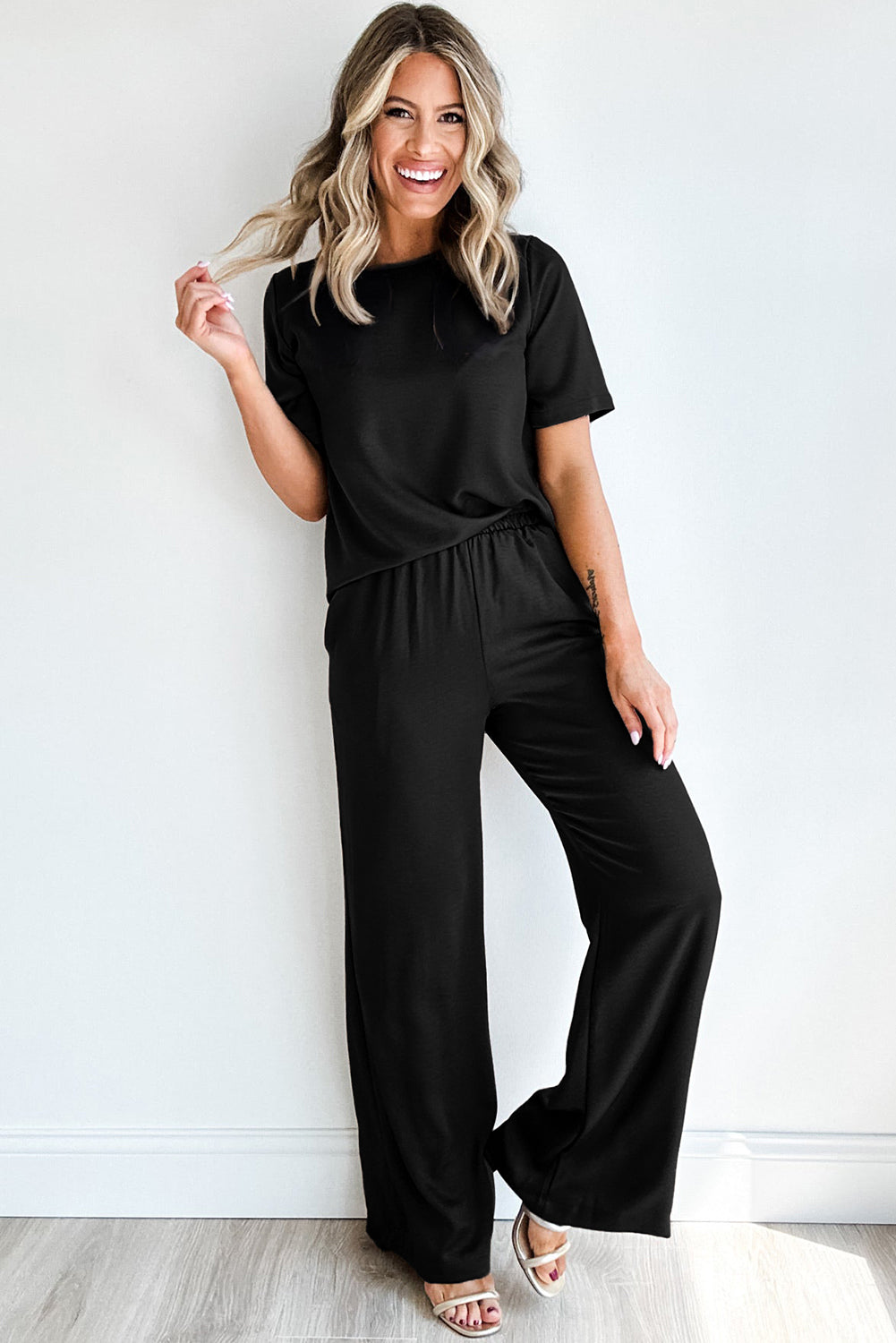 Black Solid Color T Shirt 2pcs Wide Leg Pants Set-Chaelisa's New Jammies
