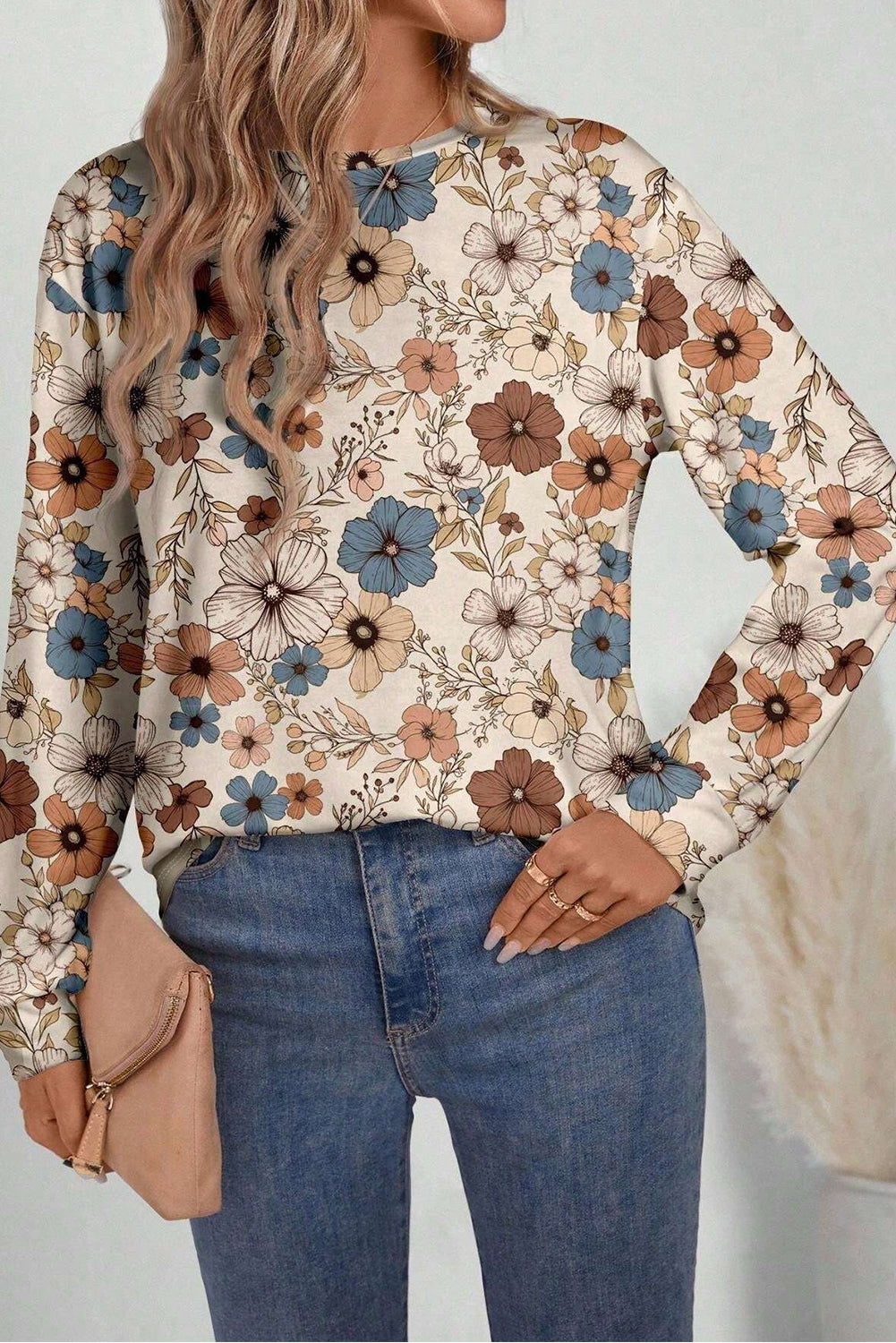 Khaki Floral Print Loose Crew Neck Long Sleeve T Shirt-Chaelisa's New Jammies