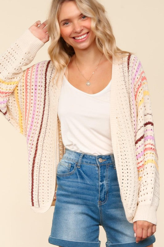 Haptics Full Size Striped Crochet Open Front Cardigan-Chaelisa's New Jammies