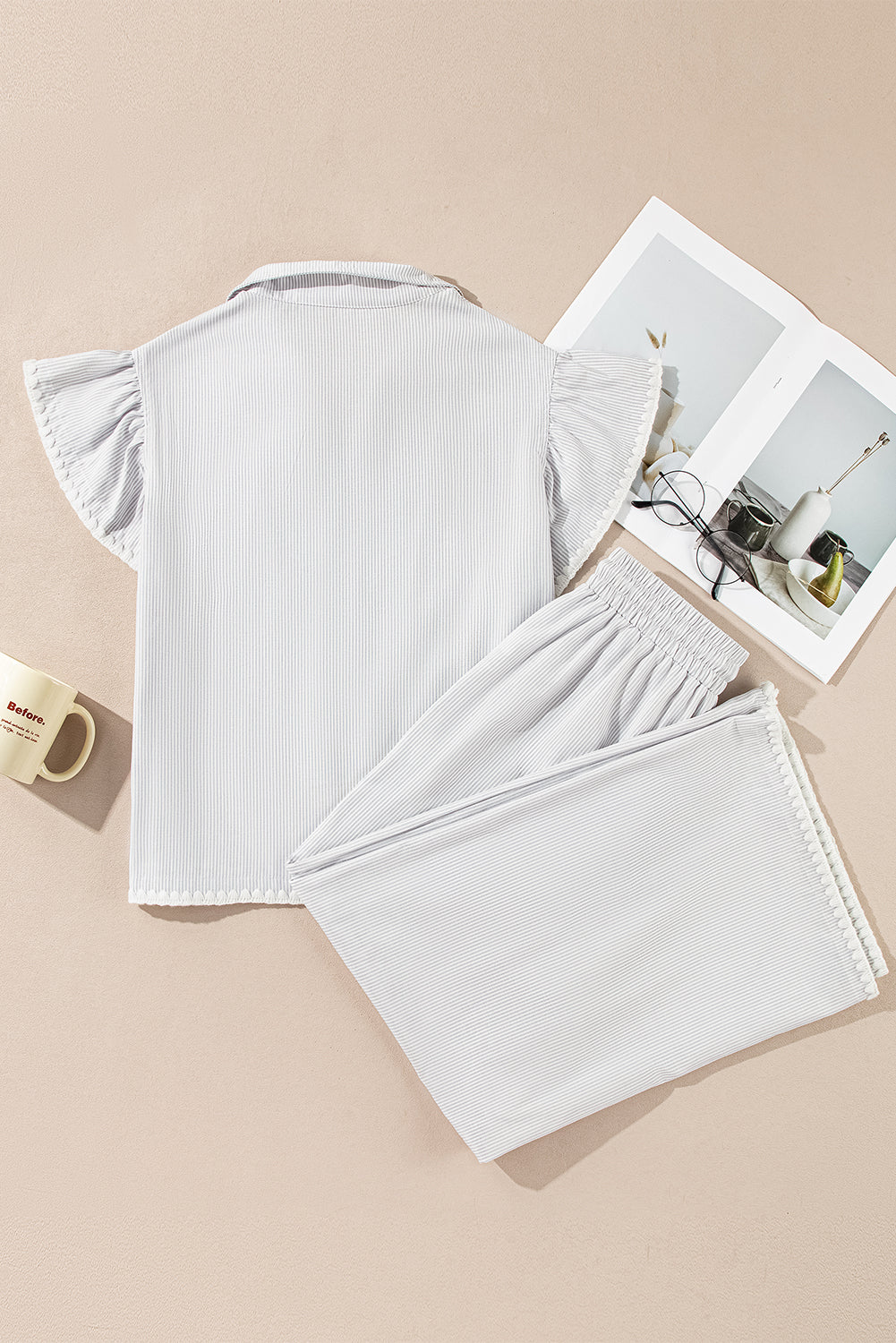 Gray Stripe Zipped up Collar Ruffled Sleeve Tee and Wide Leg Pants 2pcs Outfit-Chaelisa's New Jammies