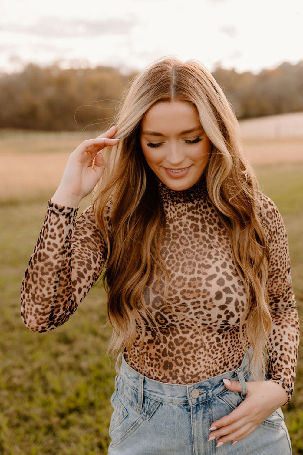 Brown Leopard Smocked Neck Mesh Long Sleeve Bodysuit-Chaelisa's New Jammies