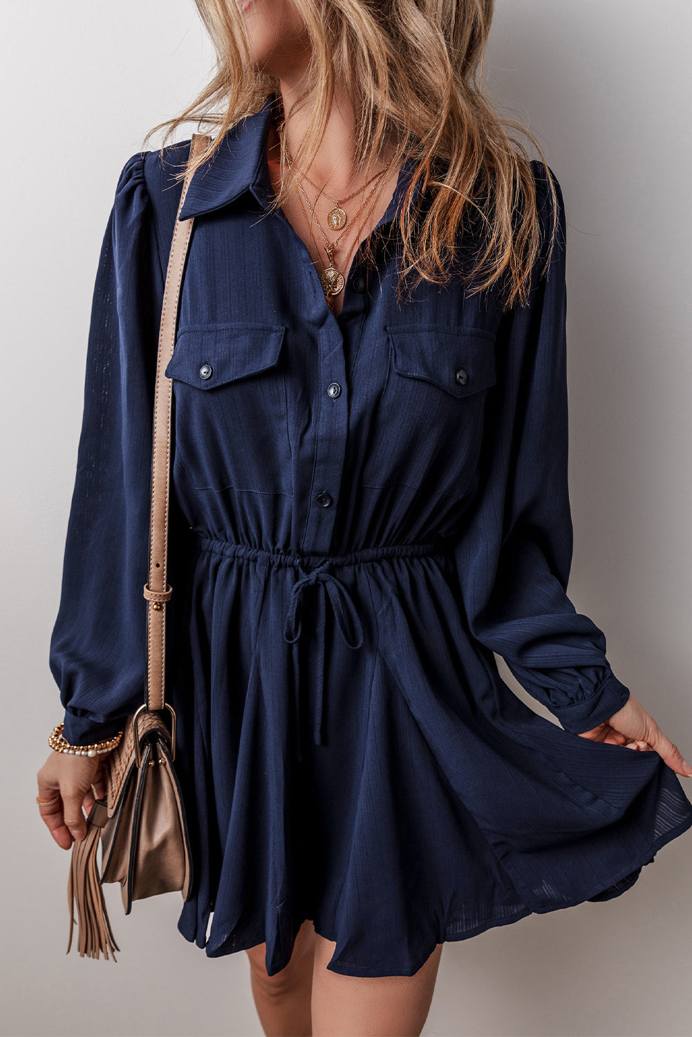 Navy Blue Solid Chest Pockets Tunic Shirt Mini Dress-Chaelisa's New Jammies