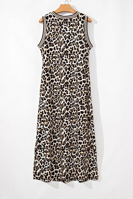 Contrast Stripe Trim Leopard Sleeveless long Dress - Chaelisa's New Jammies
