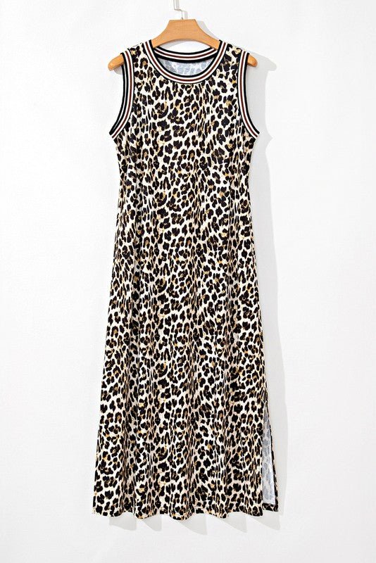 Contrast Stripe Trim Leopard Sleeveless long Dress - Chaelisa's New Jammies