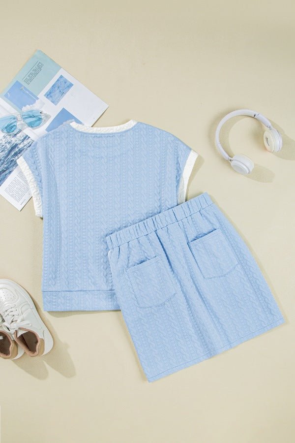 Contrast Trim Textured Crewneck Tee and Pocketed Skirt Set - Chaelisa's New Jammies