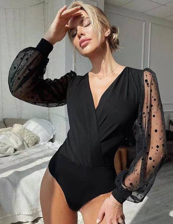 Crotch Polka dot mesh Long Sleeve V Neck Bodysuit - Chaelisa's New Jammies