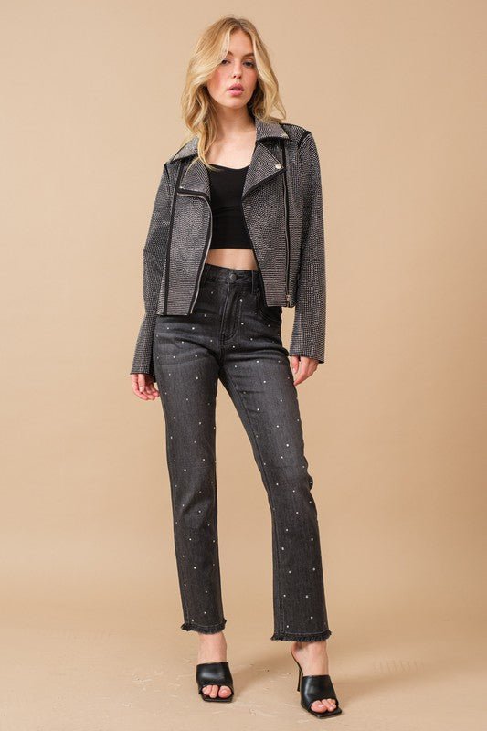 Crystal Studded Stretch Zip Up Moto Jacket - Chaelisa's New Jammies