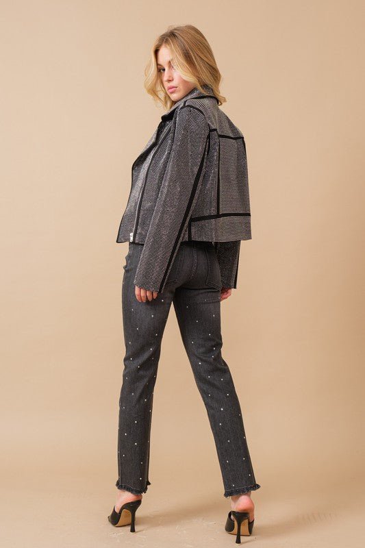 Crystal Studded Stretch Zip Up Moto Jacket - Chaelisa's New Jammies