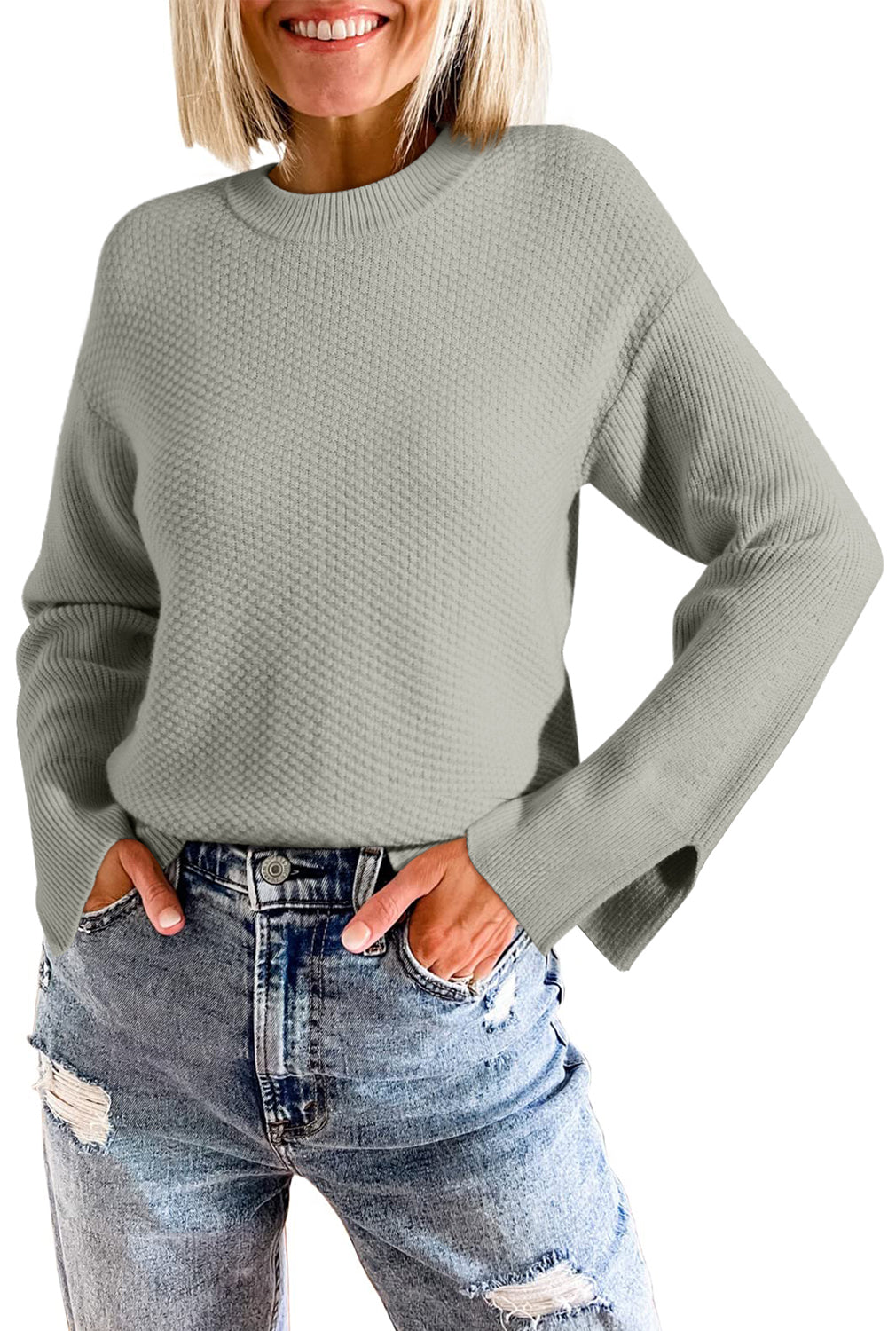 Parchment Solid Textured Knit Split Cuff Drop Shoulder Sweater-Chaelisa's New Jammies