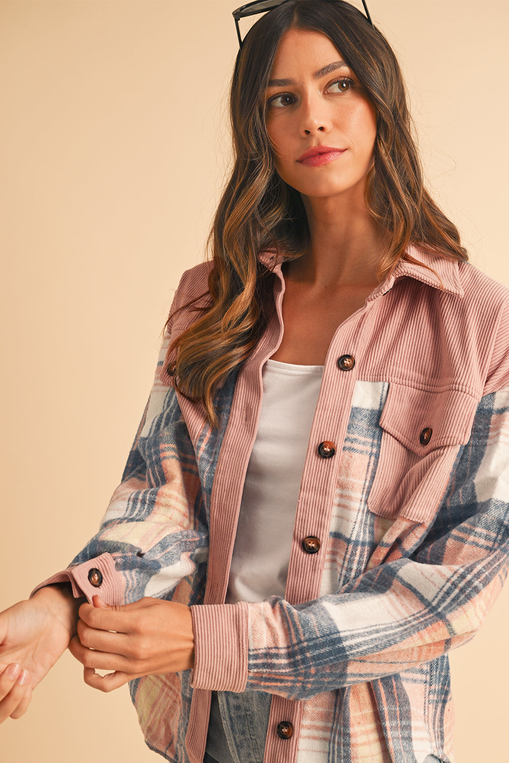 Light Pink Plaid Corduroy Patchwork Pocket Loose Shacket-Chaelisa's New Jammies