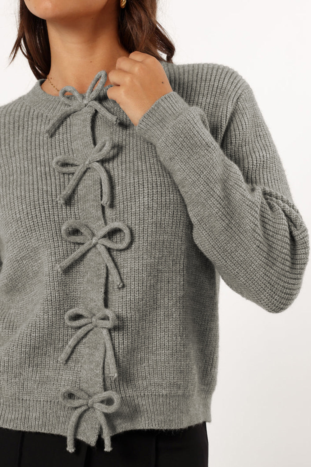 Philippine Gray Ribbed Knit Bow Front Buttoned Cardigan-Chaelisa's New Jammies