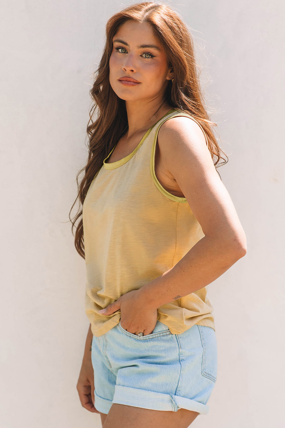 Tan Metallic Sheen Edge Scoop Neck Tank Top-Chaelisa's New Jammies