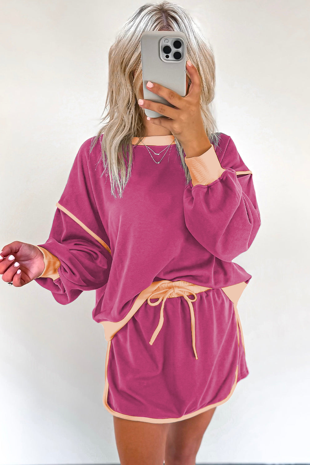 Rose Red Color Contrast Loose Pullover and Lace-up Waist Skort Set-Chaelisa's New Jammies