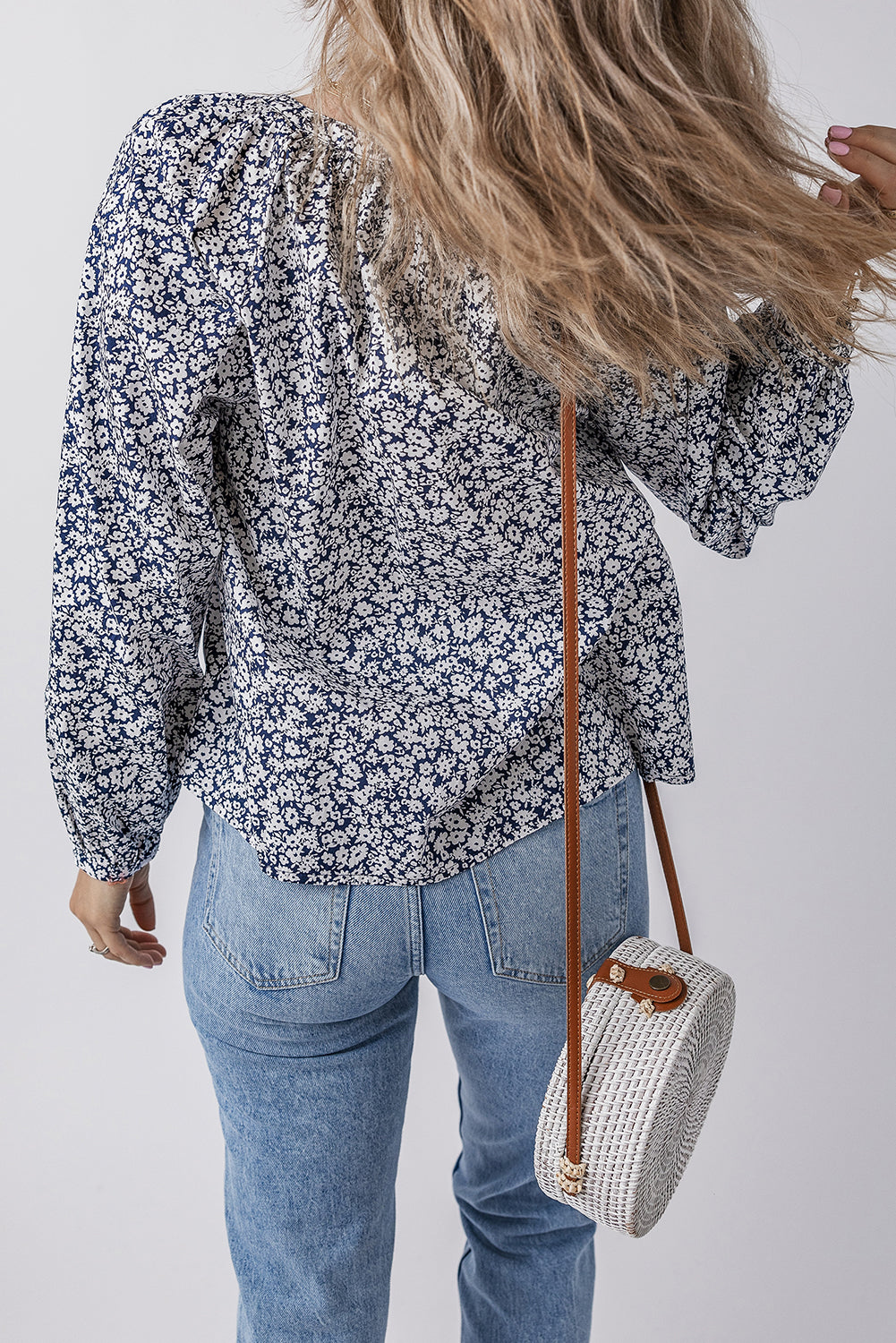 Blue Floral Print Notched V Neck Puff Sleeve Blouse-Chaelisa's New Jammies
