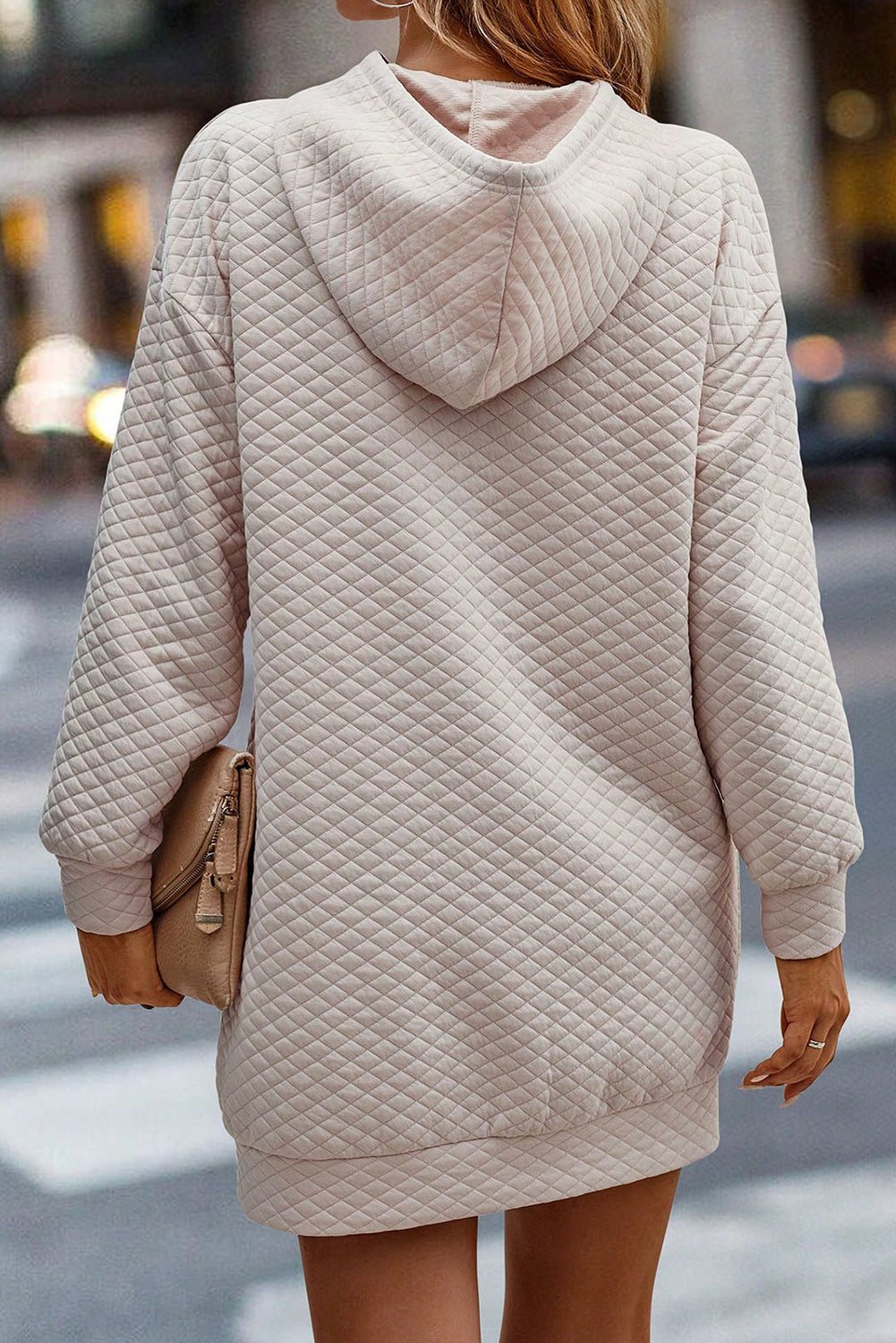 Parchment Drawstring Kangaroo Pocket Quilted Hooded Dress-Chaelisa's New Jammies