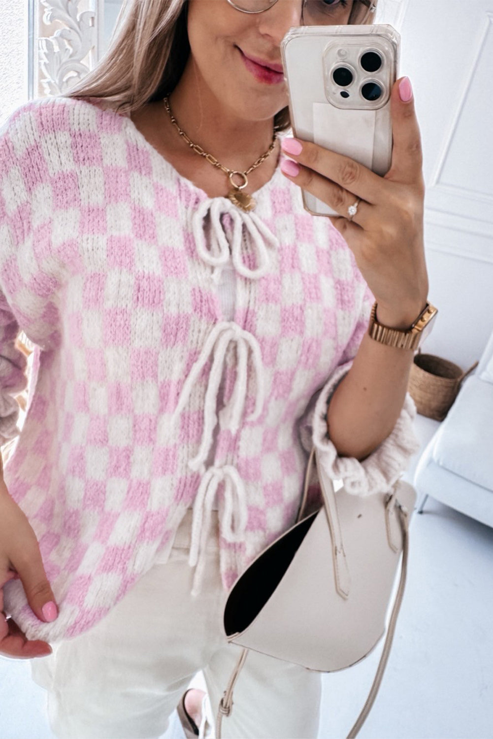 Light Pink Checkered Knitted Lace-up Ruffled 3/4 Sleeve Cardigan-Chaelisa's New Jammies