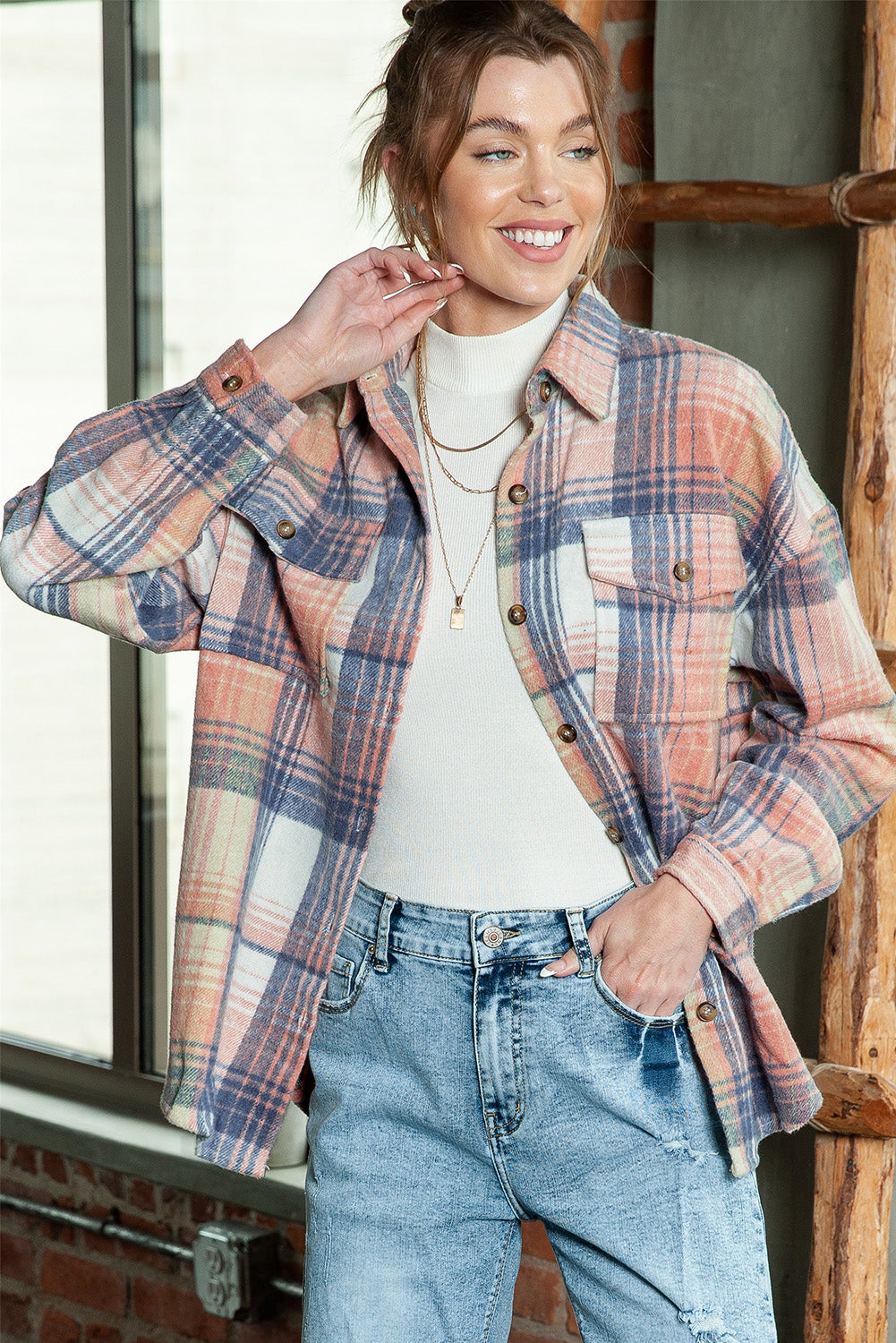Pink & Grey Plaid Button Up Collared Flannel Shacket-Chaelisa's New Jammies