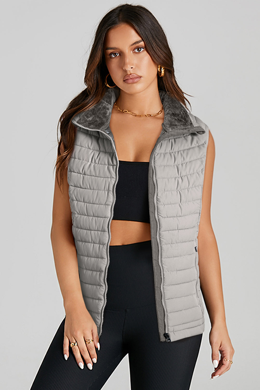 Silvery Plush Collared Quilted Zipped Puffer Vest-Chaelisa's New Jammies