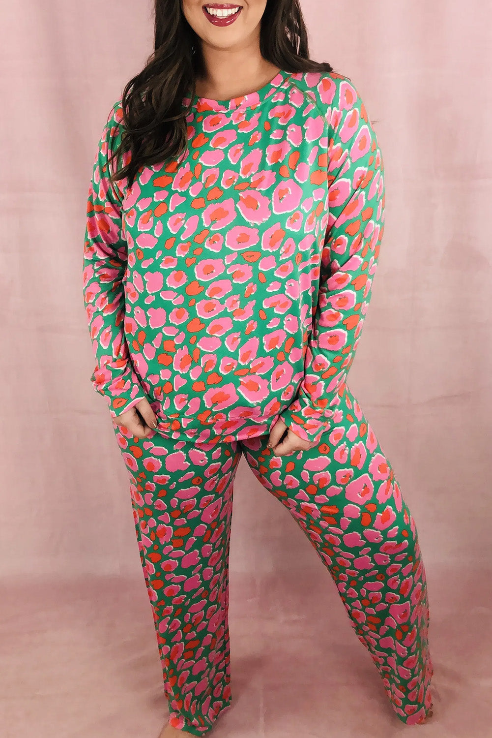 Green Plus Size Printed Long Sleeve and Pants Lounge Set-Chaelisa's New Jammies