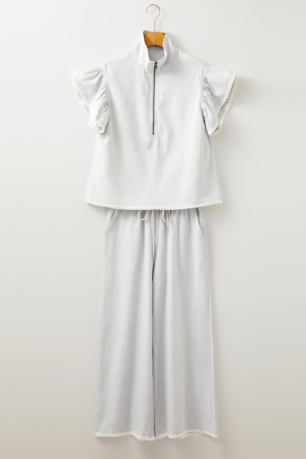 Gray Stripe Zipped up Collar Ruffled Sleeve Tee and Wide Leg Pants 2pcs Outfit-Chaelisa's New Jammies