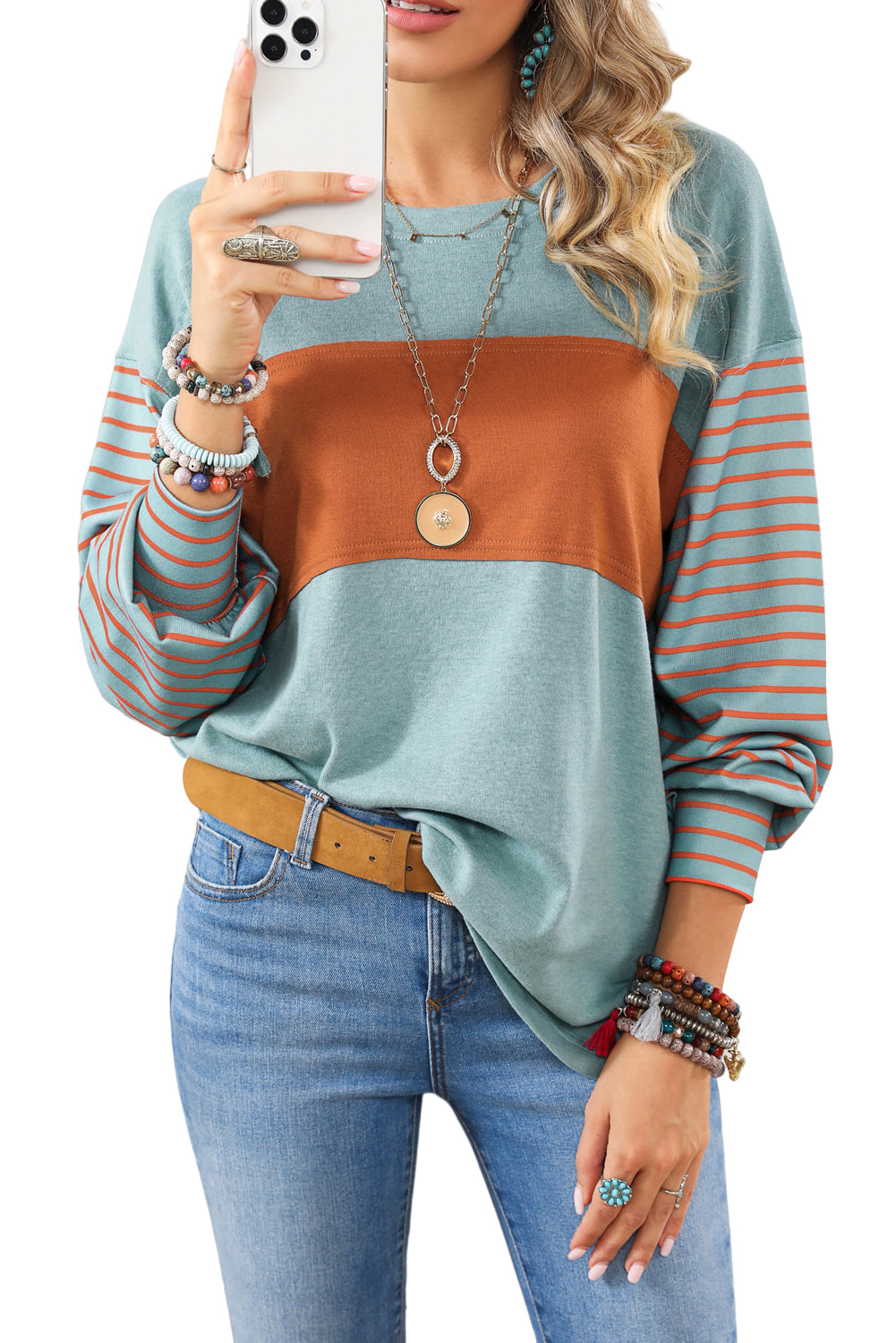 Peach Blossom Colorblock Striped Bishop Sleeve Top-Chaelisa's New Jammies
