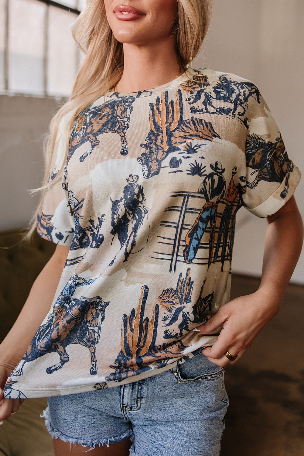 Khaki Western Cowboy Print Cuffed Sleeve Crewneck T Shirt-Chaelisa's New Jammies