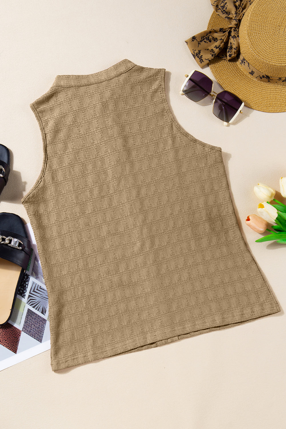 Light French Beige Lattice Textured Split Neck Tank Top-Chaelisa's New Jammies